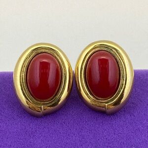 💛 Vintage Monet 22k Gold-Plated Clip-On Earrings | Red Oval Cabochon Studs